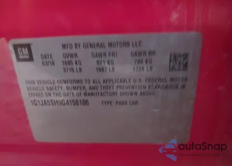 2016 Chevrolet Sonic Ls Auto из США, поврежденный, VIN 1G1JA5SH9G4158186